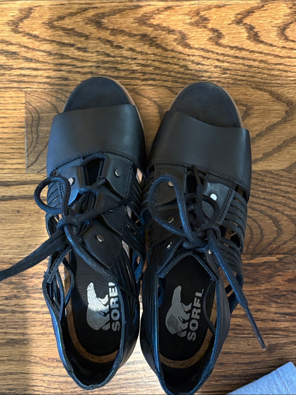 Sorel Black Lace-Up Wedge Sandals with Tan Sole size 9 - Picture 12 of 12